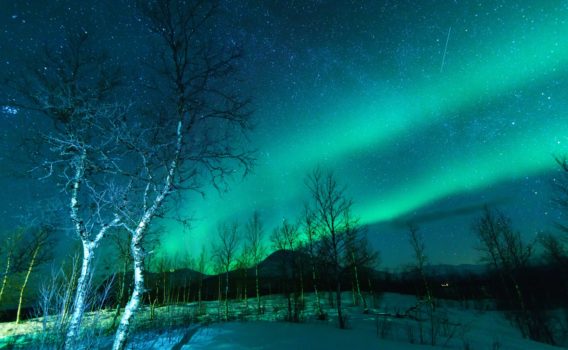 夜空のオーロラと流れ星　スウェーデンの冬の風景
