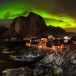 ロフォーテン諸島のオーロラ ノルウェーの冬の風景