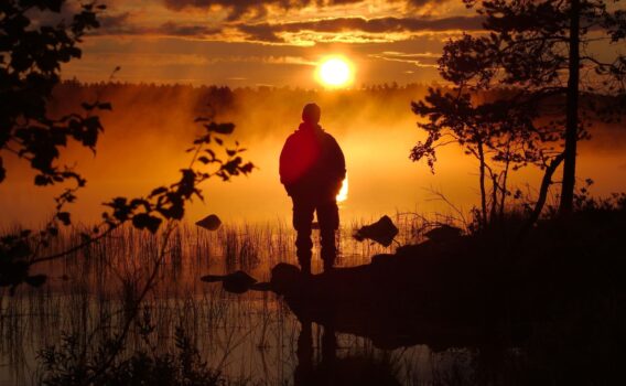白夜のラップランド　夜中の太陽と湖　フィンランドの夏の風景