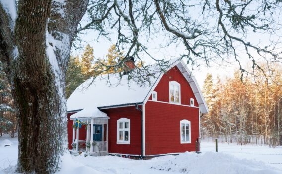 森の中のコテージ　スウェーデンの冬の風景