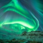 スナイフェルスネス半島のオーロラの風景　アイスランドのオーロラの風景