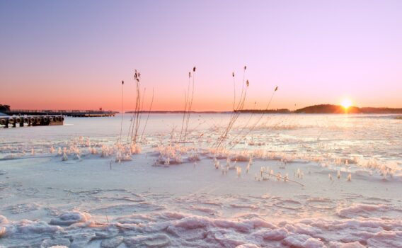 夕陽と凍結した海　フィンランドの冬の風景