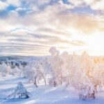 スカンジナビアの冬の日の入りの風景　