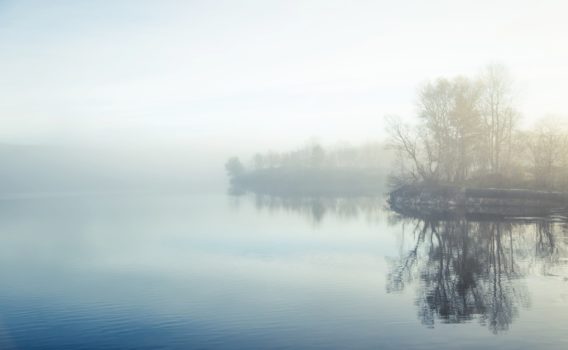 霧の朝の湖　ノルウェーの秋の風景