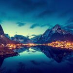 ロフォーテン諸島レーヌ村の夕暮れの風景　ノルウェーの風景
