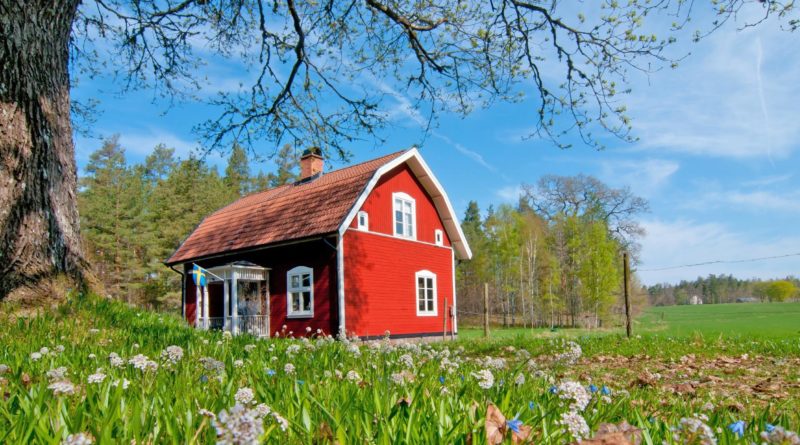 花と赤い小屋のある風景　スウェーデンの風景